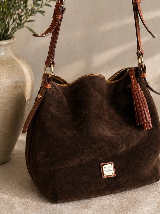 Dooney & Bourke Handbags - Dooney & Bourke Dark Brown Suede Shoulder Bag with Tassel